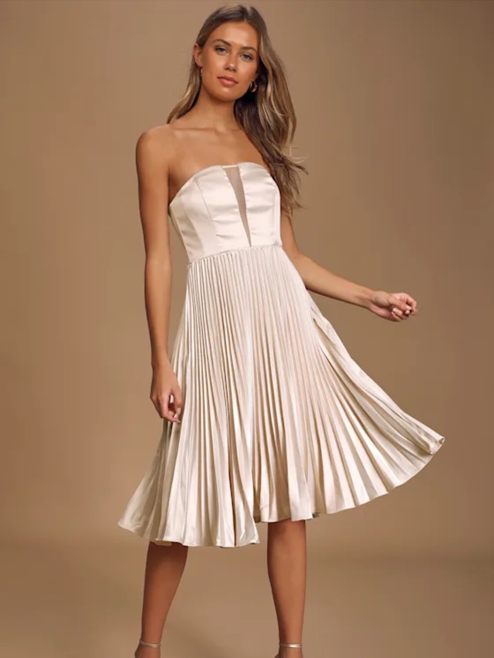 Lulu's Strapless Pleated Midi Dress in Champagne Satin